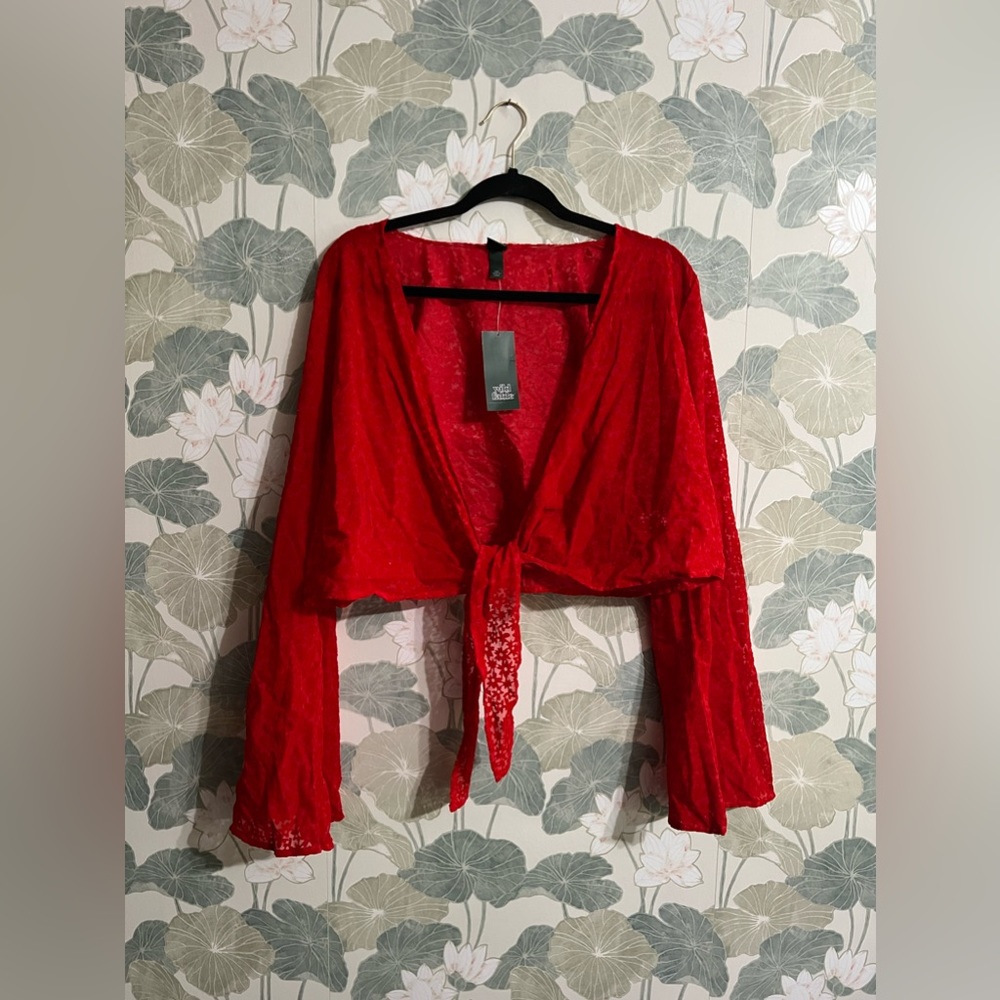 Wild fable bright red bell sleeve tie front crop cardigan floral velvet NWT XXL